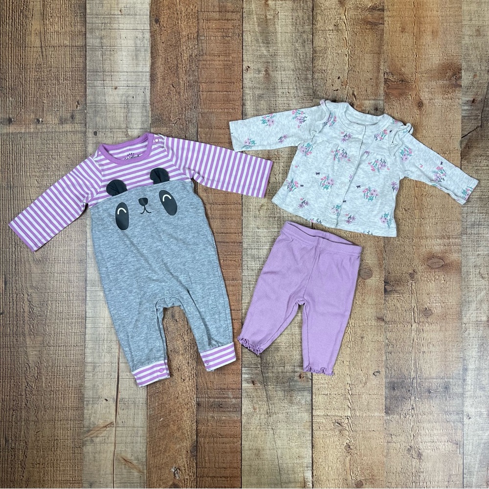 Newborn Cat & Jack + Child Of Mine Lilac Floral Outfit + Lilac Panda Romper